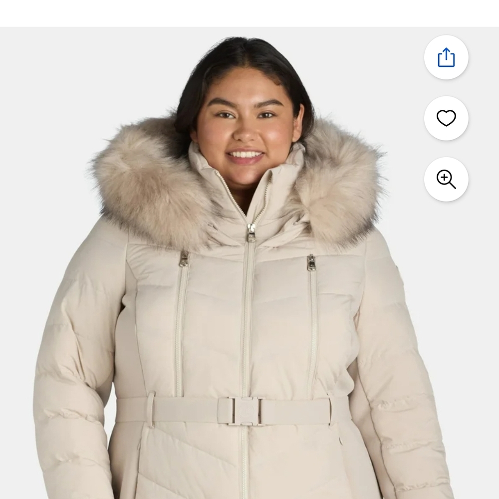 Women's Cream Puffer Jacket with Faux Fur Hood